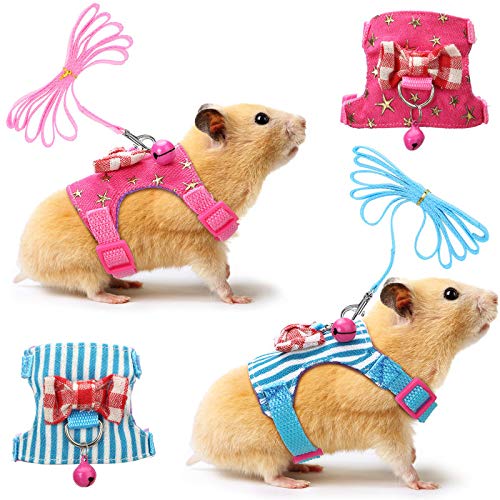 SATINIOR 2 Pieces Small Hamster Harness and Leash Set, Guinea Pig Clothes with Bowknot Bell and Bell Decor, No Pulling Comfort Padded Vest Striped for Guinea Pig Hamster Ferret Rats Blue Stripe S