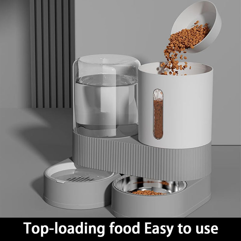 Automatic Cat Feeder and Water Dispenser - Gravity Cat Food Feeder and Waterer with Stainless Steel Bowl, 2 Pack Pet Self Feeding for Small Dog Puppy Kitten, 2.4L Dry Food and 2.6L Water Grey Split - PawsPlanet Australia