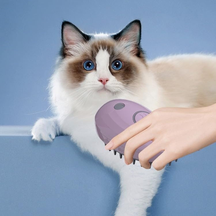 3 in 1 Cat Steamy Brush with Care Solution 2Pcs - Electric Spray Grooming Comb for Cats Dogs, Steaming Silicone Massage Brush - Self Cleaning Pet Hair Remover - Blue & Purple - PawsPlanet Australia