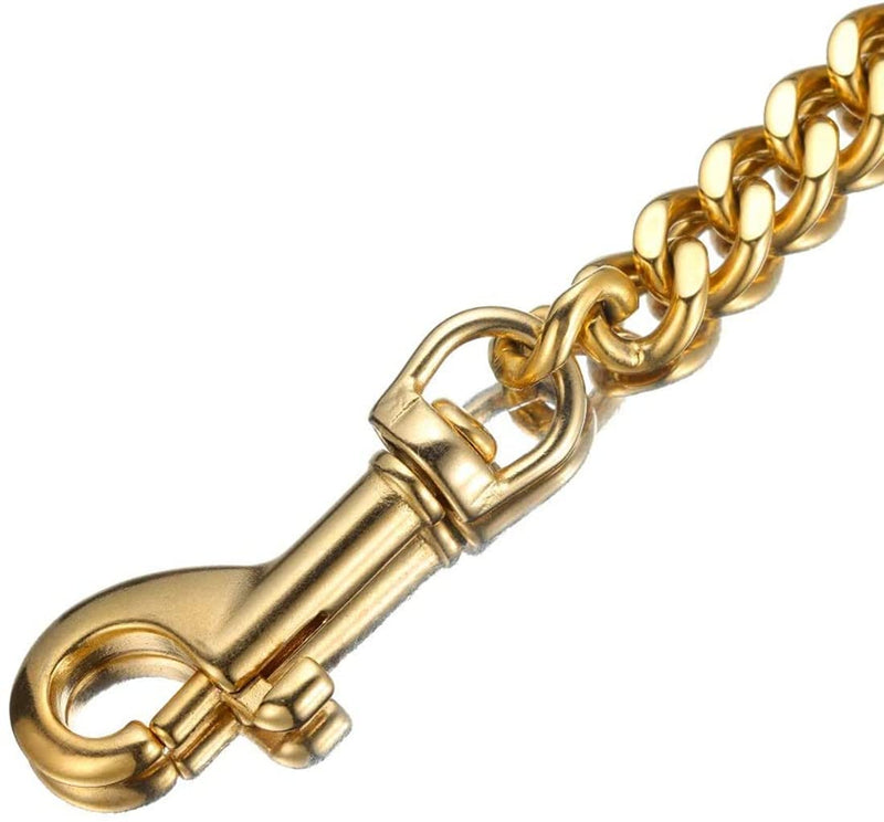 Strong Gold/Silver Dog Chain Leash 3FT 4FT 5FT Stainless Steel 12mm Curb Cuban Link Dog Leash Training Walking with Comfortable Genuine Leather Handle for Large, Medium Small Dogs (Gold, 3FT) 3FT (36inch) - PawsPlanet Australia