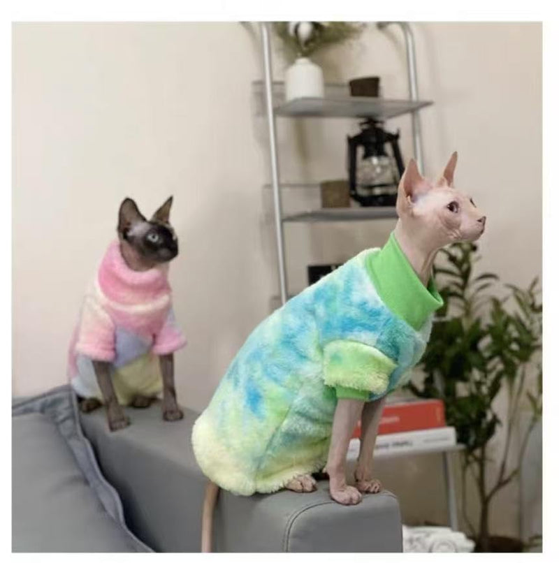 Sphynx Cat Warm Turtleneck Sweater, Thick Soft Double-Sided Fleece Clothes for Cats, Two-Legged Winter Onesie for Cats and Small Dogs,Pjs for Cats and Puppy (Green Tie-dye, S (2-3.5lbs)) Green Tie-dye S (2-3.5lbs) - PawsPlanet Australia