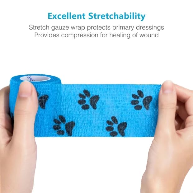 WePet Pet Wrap, Self-Adhesive, Only Sticks to Itself, Non-Woven Tape for Dog Legs, Paws, Wounds, First Aid Cohesive Gauze for Horse, Cat, Bird, Animal, 6 Rolls, 2 Inch, Pawprints A 2 Inch (Pack of 6) Pawprints A, 2 of Each Color - PawsPlanet Australia