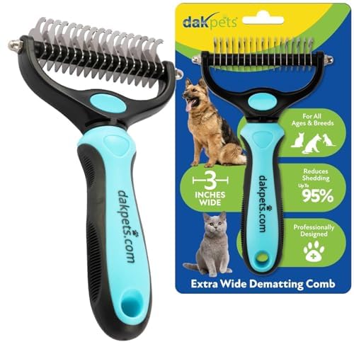 DakPets Pet Grooming Brush. Extra Wide, Double Sided Dematting Undercoat Rake for Dogs and Cats. Reduce Dog and Cat Shedding by 95%, Blue