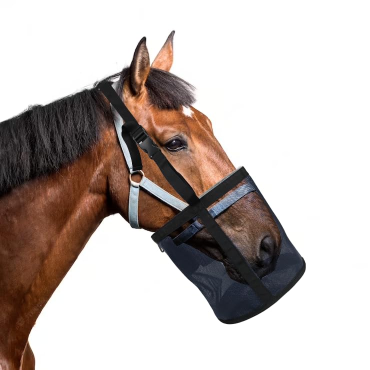 Horse Feed Bag,Heavy Duty Muzzle Feed Bag with Adjustable Strap,Comfort Neck Pad,Nose Pad and Double Waterproof Bottom Mesh Feed Bags for Horse Pack of 2 (Blue+Pink) Blue+Pink