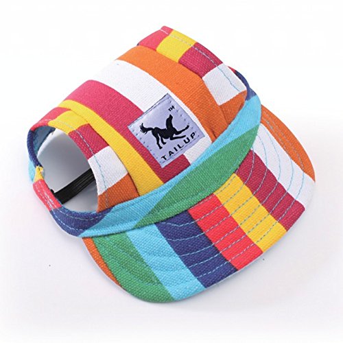 Baseball Caps Hats with Neck Strap Adjustable Comfortable Ear Holes for Small Medium and Large Dogs in Outdoor Sun Protection (M, Stripe)