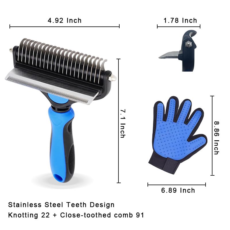 2 in 1 Dog Grooming Brush & Grooming Gloves Combo, Dematting Comb for Dogs - Deshedding Undercoat Rake, Pet Hair Grooming Brush for Long and Short Haired Dogs or Cats(Large, Blue) - PawsPlanet Australia