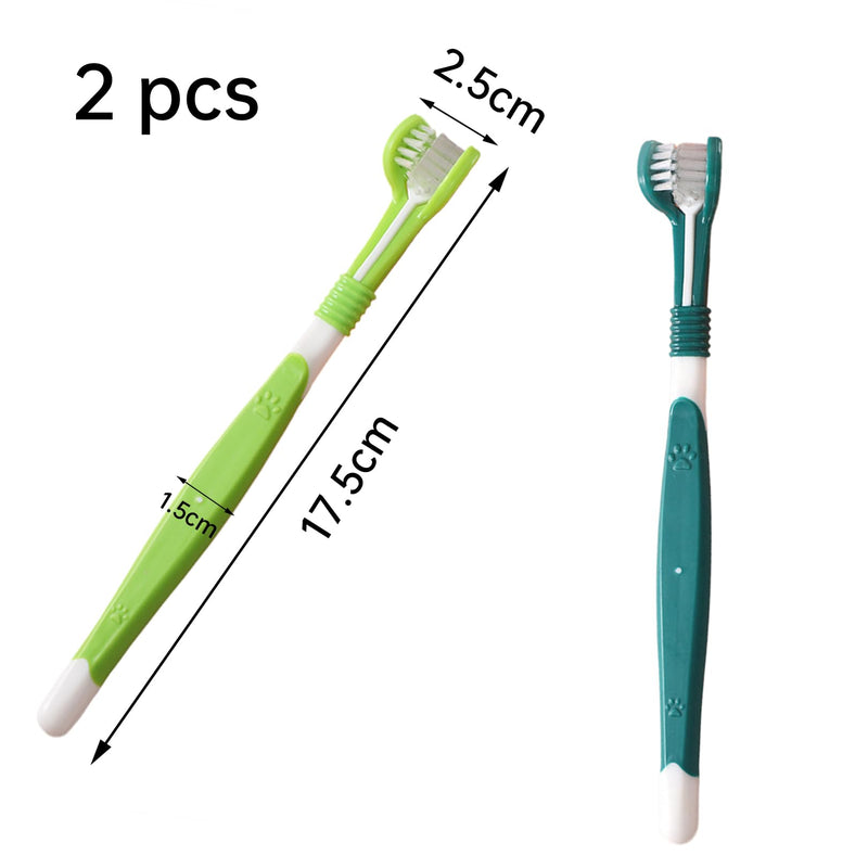 Pack of 2 dog toothbrushes, long handle dog toothbrush, cat toothbrush, three-head pet toothbrush, 360 degree cleaning of the mouth, comfort and durability, for cleaning dogs and cats