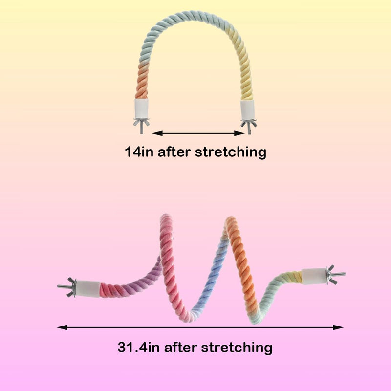 2Pcs Gradient Bird Rope Perch Stand Bird Cage Climbing Rope Toys Accessories of M5*30mm Screw for Cockatiels Lovebird Parakeet Budgies Sugar Gliders Hemp Swing(31.4'' & 14'') Rainbow 2pcs - PawsPlanet Australia