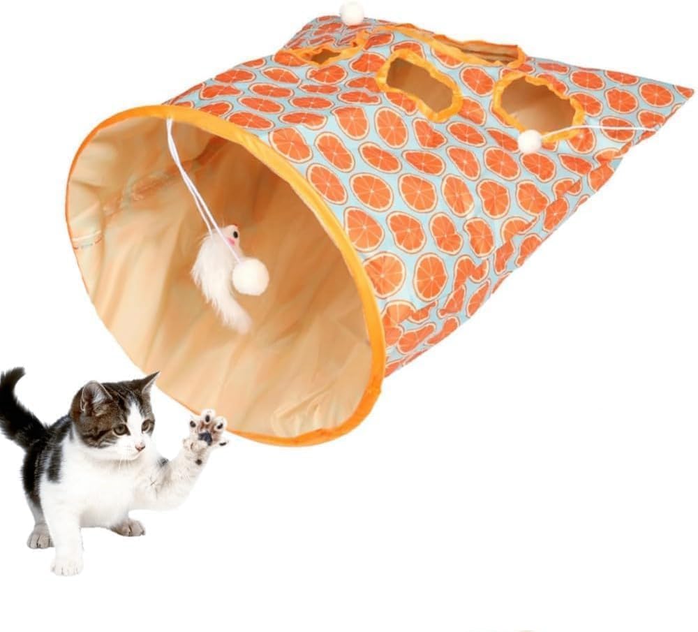 Cat Tunnel Bags for Indoor Cats, Cat Tunnel Toy,Collapsible Pet Tunnel Tube Bags Indoor Toy with Fun Ball, Cat Self Interactive Toys for Kittens Puppy Exercising Hiding Training(Orange) - PawsPlanet Australia