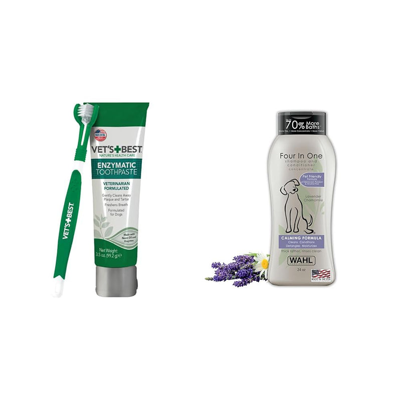 Vet's Best Dog Toothbrush & Toothpaste Kit - Natural Ingredients Reduce Plaque + Wahl Lavender Chamomile Calming Shampoo - 24 Oz 1 Count (Pack of 1) Dental Kit + Pet Shampoo