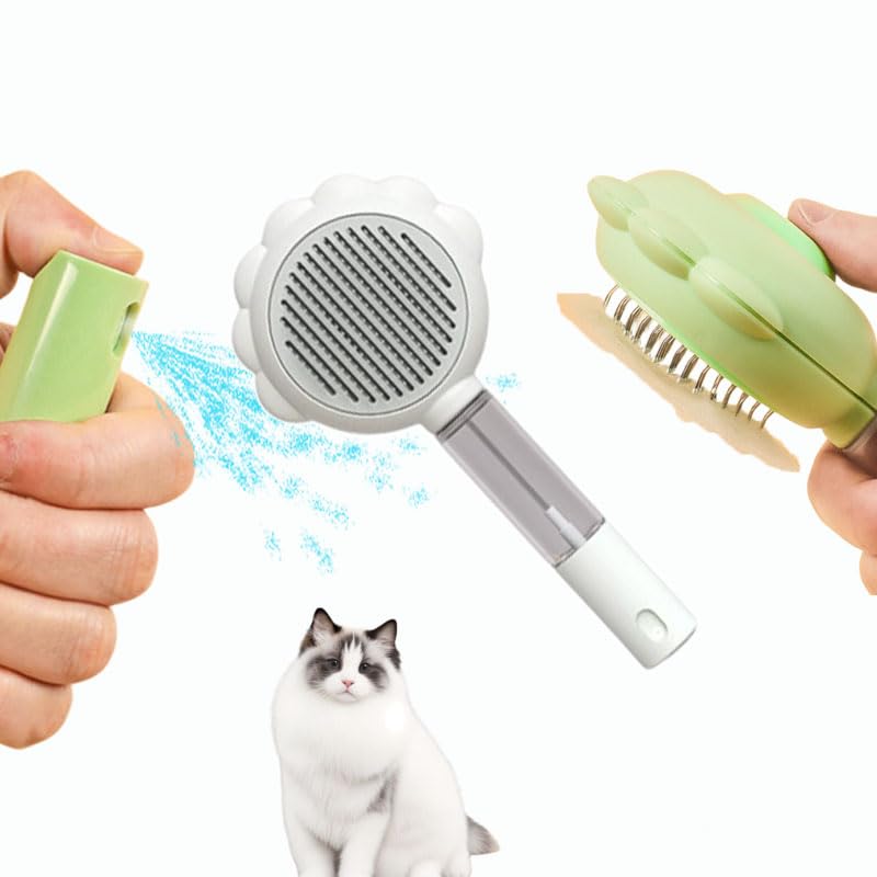 Pet Brush Spray 2-in-1 for Shedding,Pet Hair Removal Comb with Release Button, Cat Grooming Brush with Visual Spray for Deshedding(Green+White,2Pack) Green+White