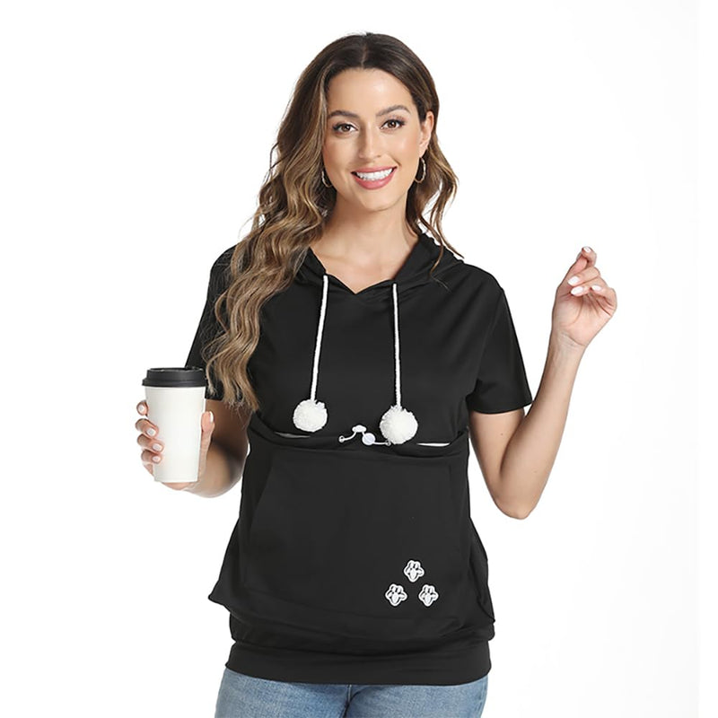 Women Big Pouch Shirt Pet Holder Pocket Top Short Sleeve Solid Color T-Shirt Large-X-Large Black - PawsPlanet Australia