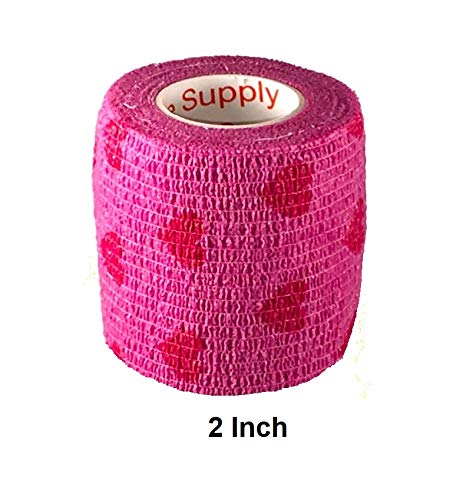 Vet Wrap Wrap Tape (Pink with Hearts) (2 Pack) (3 Inch x 15 feet) Self Adhesive Adherent Adhering Cohesive Flex Self Stick Bandage Grip Roll Dog Cat Pet Horse 2 Rolls
