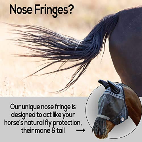 Derby Originals Reflective Safety Horse Fly Mask with Ears and Nose Cover Fringes Full Horse (Large) Black - PawsPlanet Australia