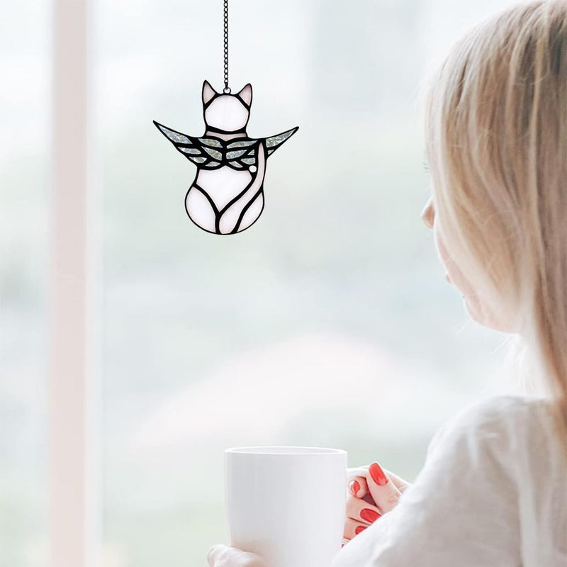 Angel Cat Memorial Present Ornaments, Stained Glass Window Hanging Decorations for Cat Lovers, Angel Wings Cat Suncatcher Decor, Pet Memorial Sympathy Present Statue (white) White - PawsPlanet Australia
