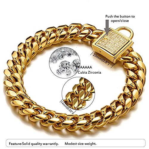 Designer Dog Collar Gold Metal Stainless Steel with Zirconia Lock 14mm 18K Gold Big Dog Luxury Training Collar Cuban Lock Link Necklace Chain(24 inch) 24 inch - PawsPlanet Australia