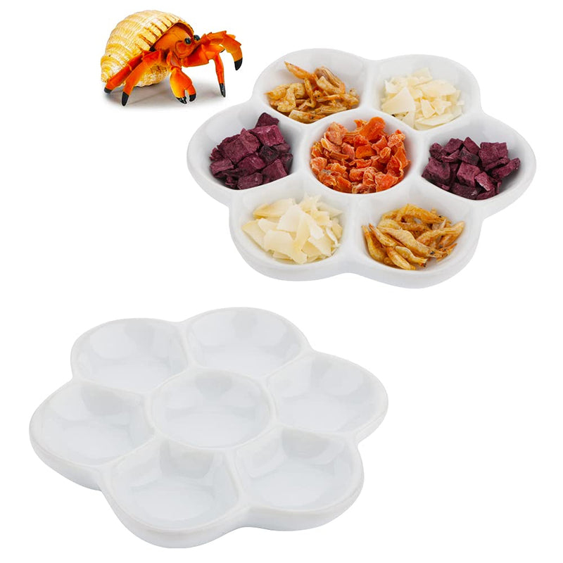 2 Pcs Hermit Crab Ceramic Food Dish, 7 Compartments Anti-turning Food & Water Bowl (White)