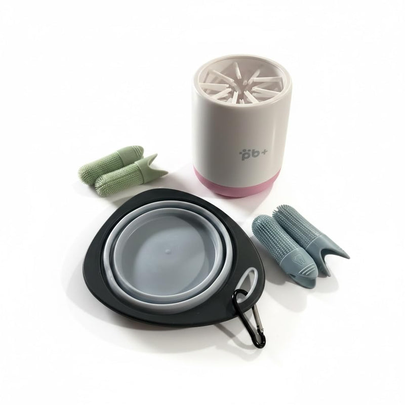 Dog Grooming Kit – Paw Cleaner Cup for Muddy Paws, Collapsible Travel Bowl with Carabiner & 4 Silicone Finger Toothbrushes – Portable Pet Dental Care & Paw Washer for Small Dogs, Puppies & Cats