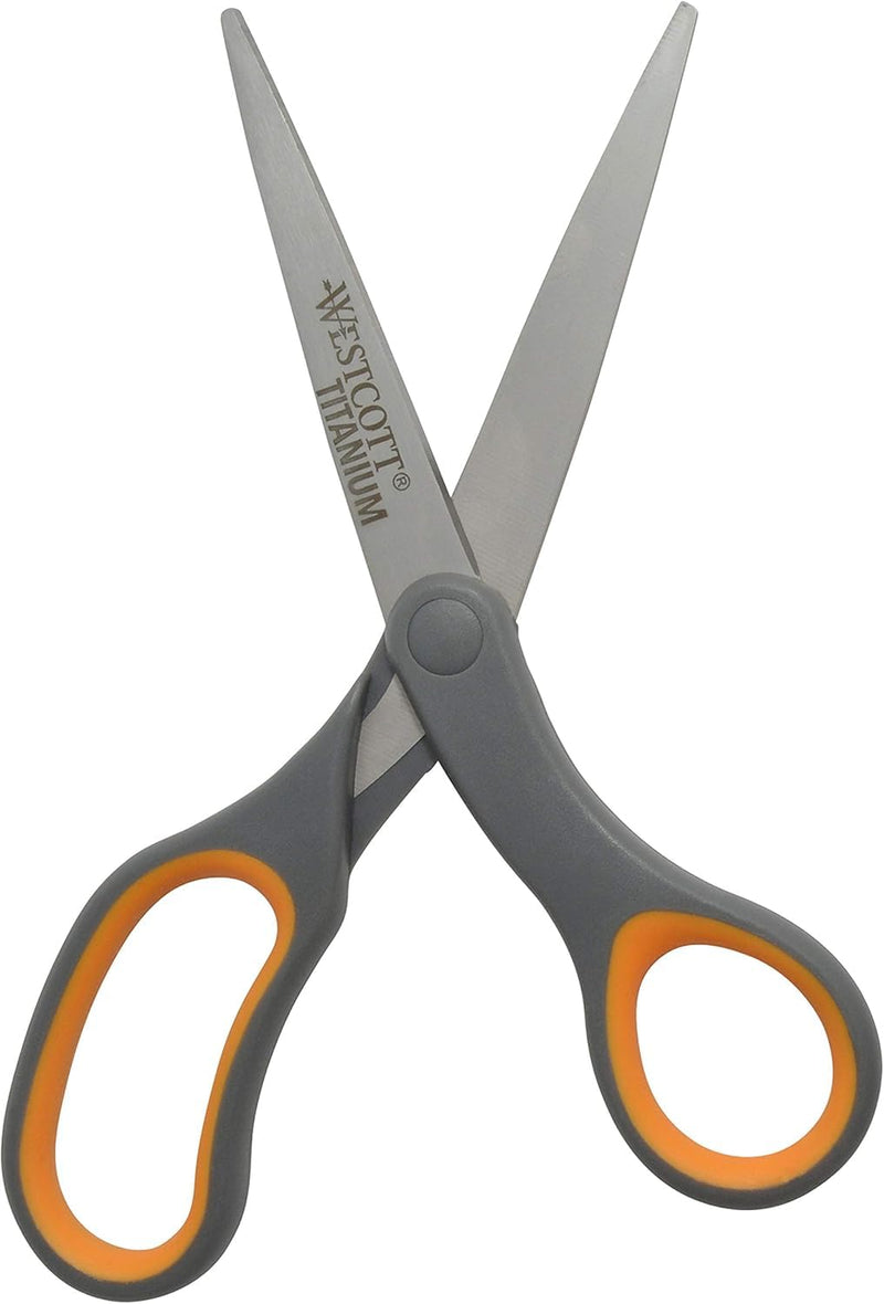 Westcott Titanium Bonded Scissors, Soft Handle, 8", Straight, Gray/Yellow, 6-Pack