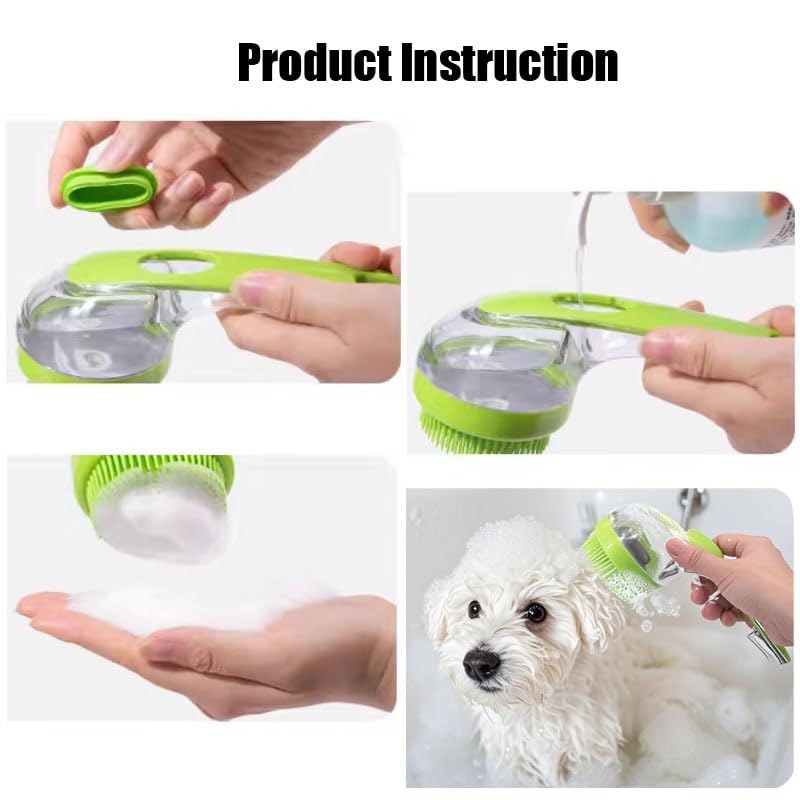 Pet Bath Brush with Shampoo Dispenser - Silicone Massage Grooming Tool for Cats & Dogs, Long Handle Dog Cat Bath Brush for Wet/Dry Use Green (ABS + Food-Grade Silicone, 7.5") - PawsPlanet Australia