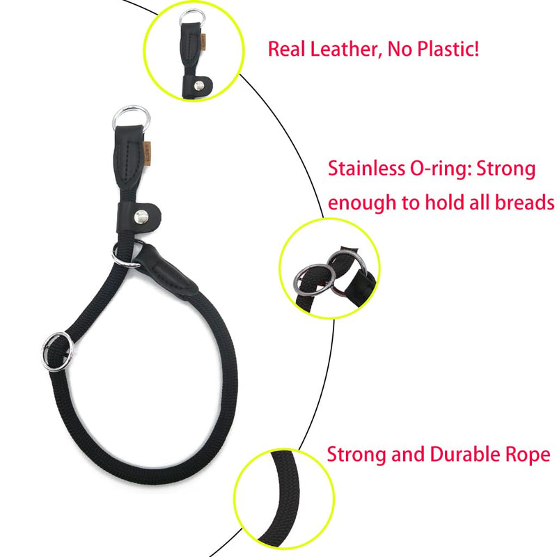 Braided Round Martingale Dog Collar, Training Collar with Slidable Stop Ring and Adjustable Stopper - Ideal for Small Dogs (S(1/4") - 14" Long, Black) S(1/4") - 14" Long with stopper