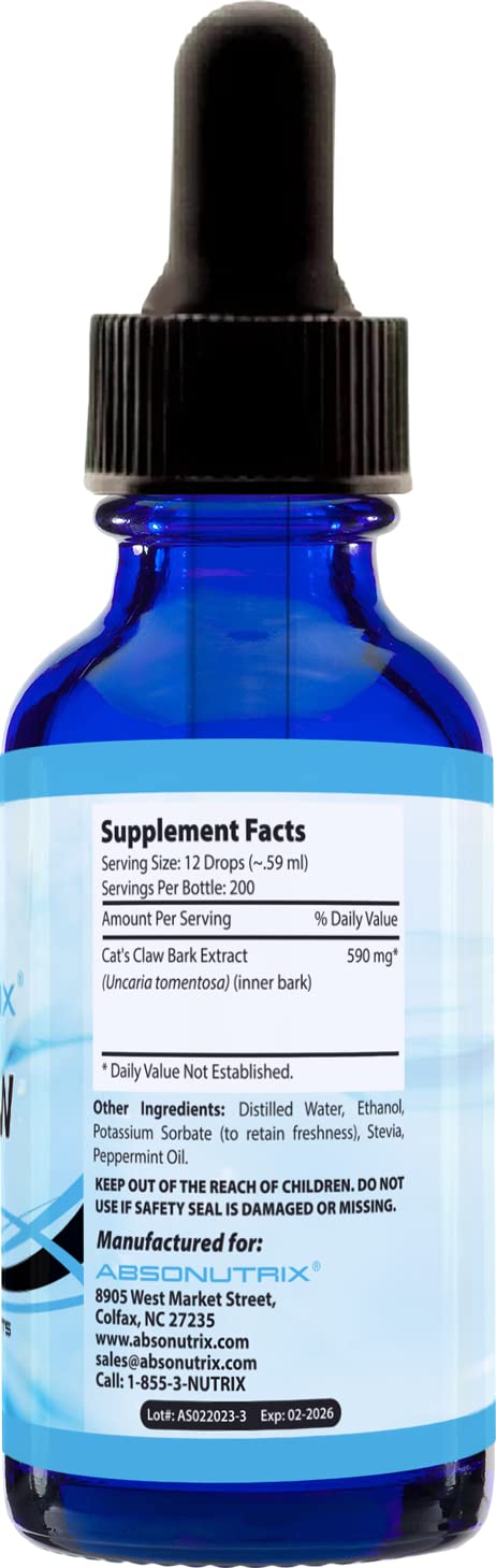 Absonutrix Cats Claw 590mg, 4 Oz Liquid Bottle, 200 Servings, High Bioavailability, Boosts Immunity, Helps Detoxify The Body, Non-GMO, Third-Party Tested, Immune & Joint Support, Made in USA - PawsPlanet Australia