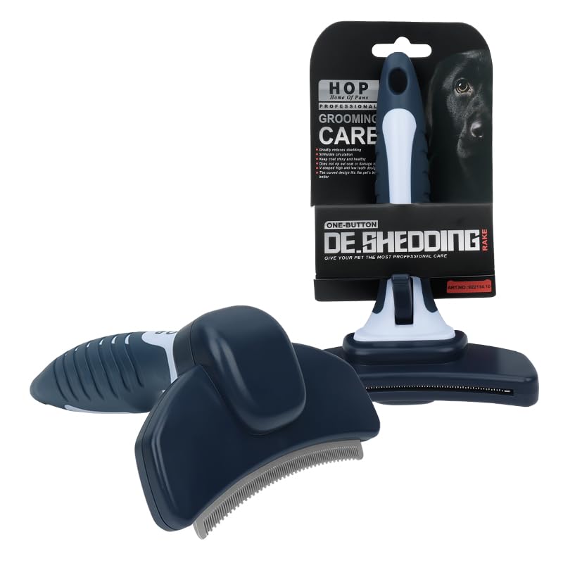 HOP Dog Deshedding Brush for Short Haired Dogs Cats Pets Professional Deshedding Tool Anti-Slip Handle & Detachable Head Highly Effective Deshedder Grooming Home of Paws (Dark Blue_L) Dark Blue_L - PawsPlanet Australia
