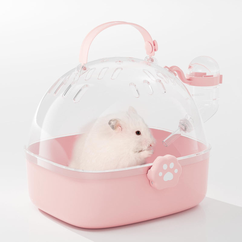 BUCATSTATE Small Animal Carrier Cage with Water Bottle, Portable Hamster Travel Carrier Carry Case 7.24" L*6.69 W *6.42" H for Small Pets, Gerbils, Mice, Dwarf Hamster (Pink) Pink