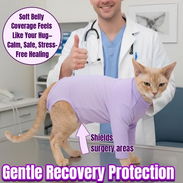 Cat Onesie for Cats After Surgery Male Female, Breathable & Soft Fabric Cats Spay Recovery Suit, Cone Alternative Surgical Suit with Leg Sleeves to Stop Licking, Cat Wound Care Shirt Wear(Purple, M) Medium Purple
