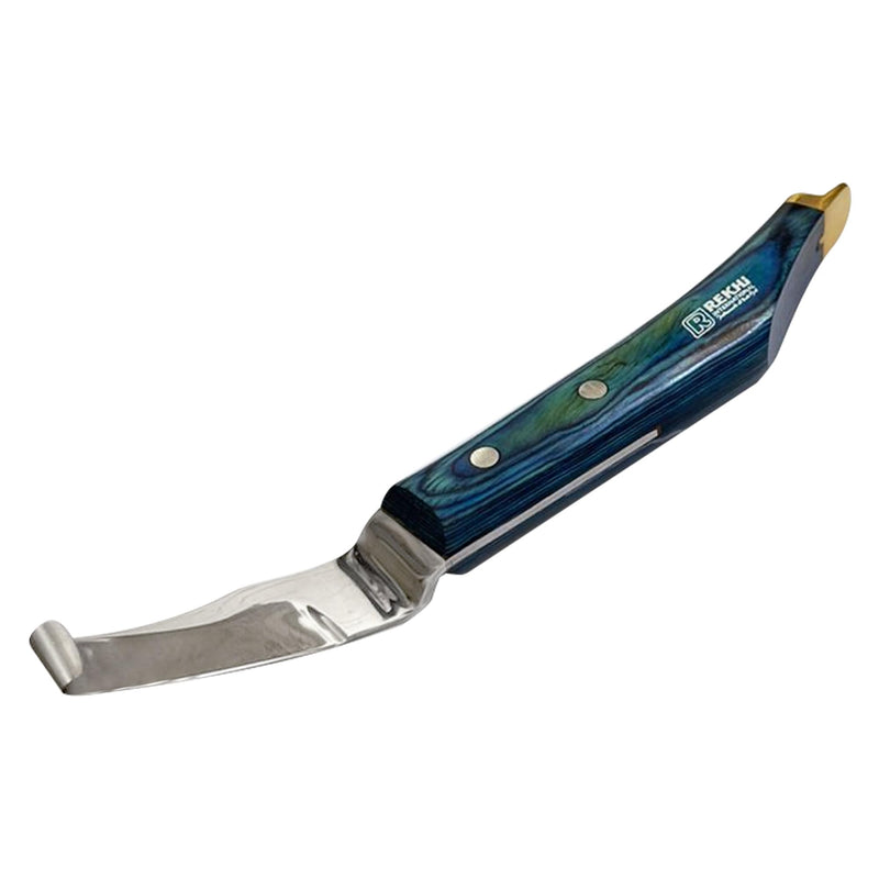Farrier Hoof Knife with Brass Topper (Right) by Rekhi. J2 Japanese Stainless Steel known for its strength, durability, and corrosion resistance, Farrier and Equestrian Hoof Care Knife, RI-HKR-29