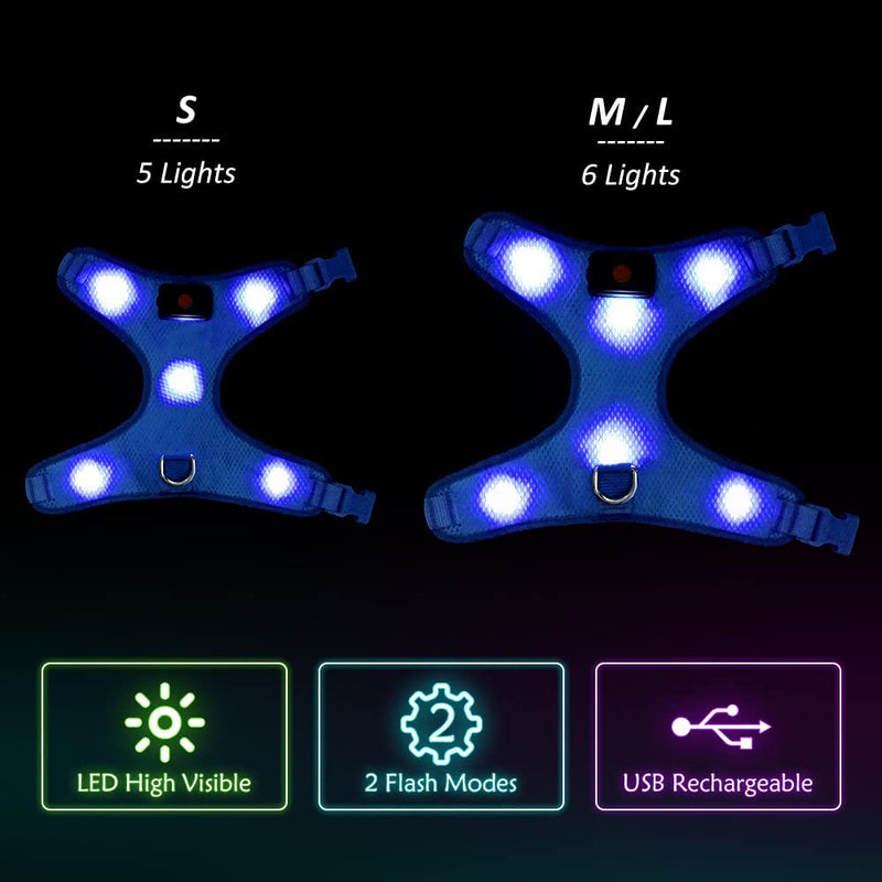 Flashseen LED Dog Harness, Lighted Up USB Rechargeable Pet Harness, Illuminated Reflective Glowing Dog Vest Adjustable Soft Padded No-Pull Suit for Small, Medium, Large Dogs (Blue, L) Blue - PawsPlanet Australia