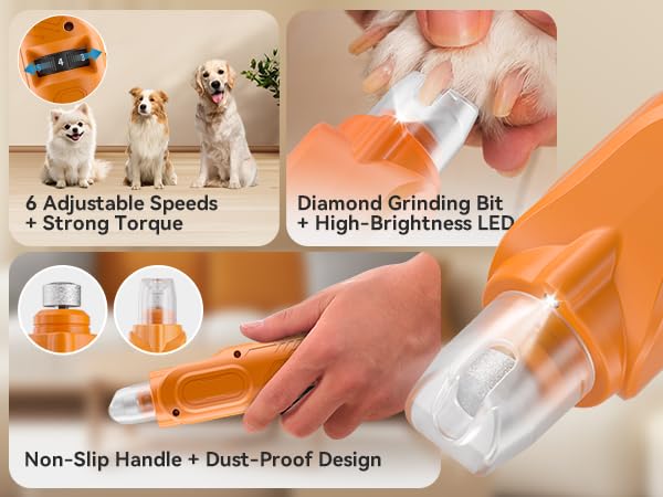 PAPIFFEED Dog Nail Grinder, Quiet 6-Speed Electric Nail Trimmer with Dual LED Light, Rechargeable for Small Medium Large Dogs, with Premium Nail Clipper (Orange Set) Orange Set - PawsPlanet Australia