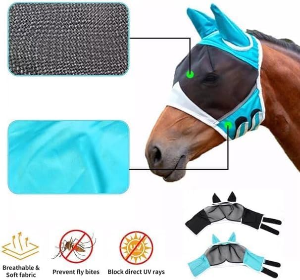 Horse Fly Mask， Horse Fly Mask with Cover Uv Protection,Fly Masks for Horses with Ears (Blue, L) BLUE