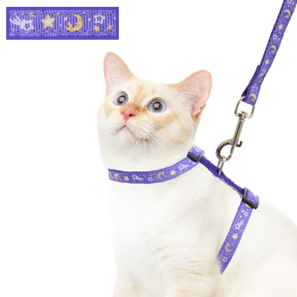 Cat Harness and Leash Set for Outdoor Walking Escape Proof Adjustable Soft Safety Strap with Golden Star and Moon Design Glow in The Dark Purple Medium