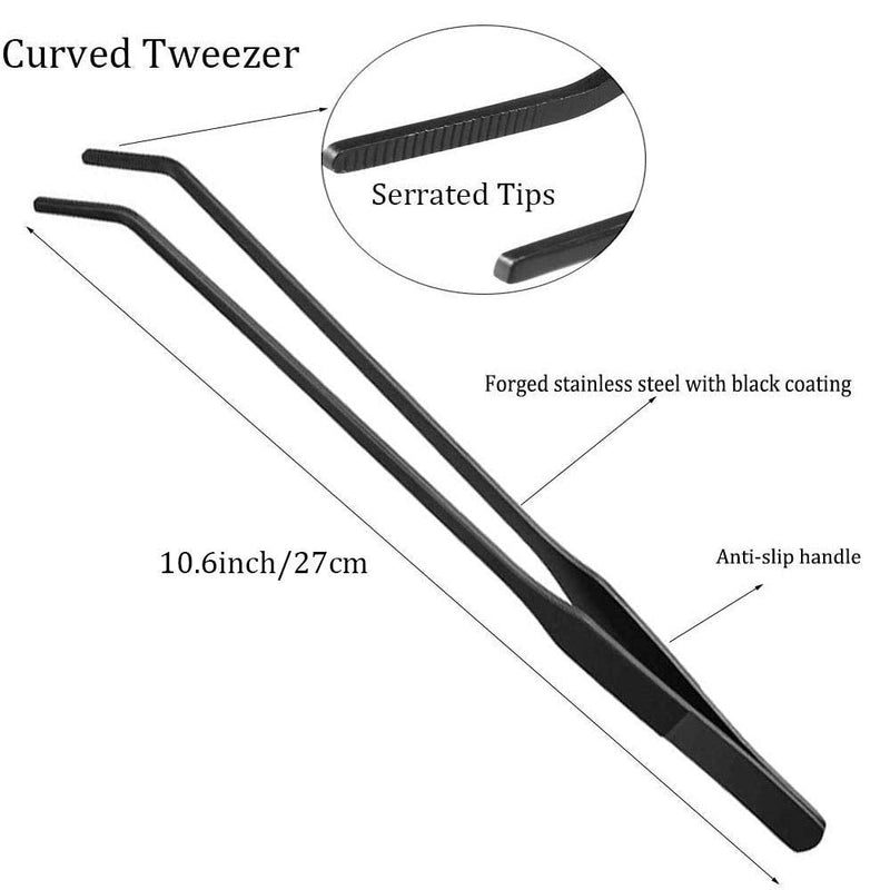 2PCS Aquarium Tweezers Stainless Steel Straight and Curved Tweezers Set Long Handle Reptile Feeding Tongs for Aquatic Plants Lizards Spider Snakes Garden Repairing - 10.6inch, Black - PawsPlanet Australia