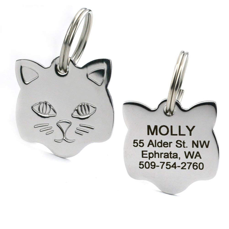 GoTags Cat ID Tag, Personalized Cat Shape Pet ID Tag in Stainless Steel, Includes up to 4 Lines of Custom Engraved Text – Stainless Steel, Kitty Face - PawsPlanet Australia
