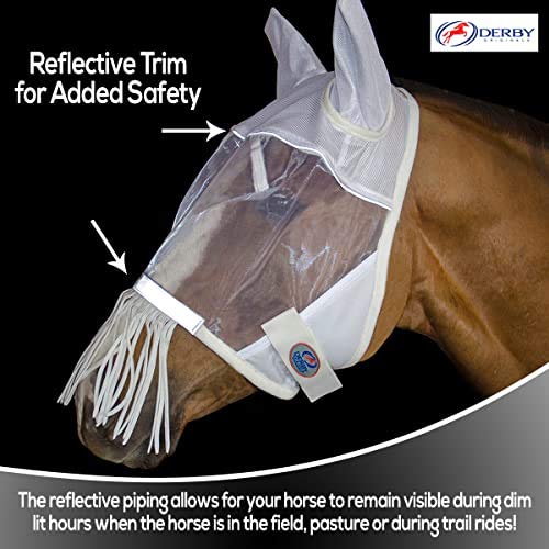 Derby Originals Reflective Safety Horse Fly Mask with Ears and Nose Cover Fringes Full Horse (Large) Black - PawsPlanet Australia
