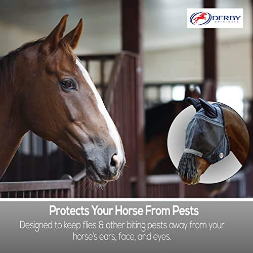 Derby Originals Reflective Safety Horse Fly Mask with Ears and Nose Cover Fringes Full Horse (Large) Black - PawsPlanet Australia
