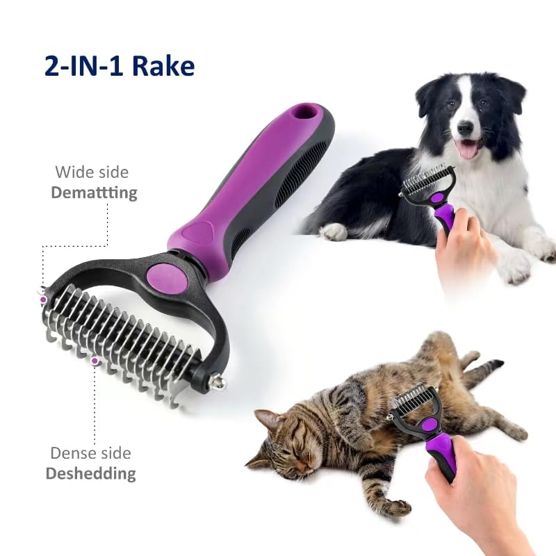 WePet Grooming Rake for Dogs & Cats, Double-Sided Deshedding Brush, Extra-Wide Dematting Tool, Slicker Comb for Undercoat & Loose Hair Removal, Reduces Shedding by 95%, Purple, Small - PawsPlanet Australia