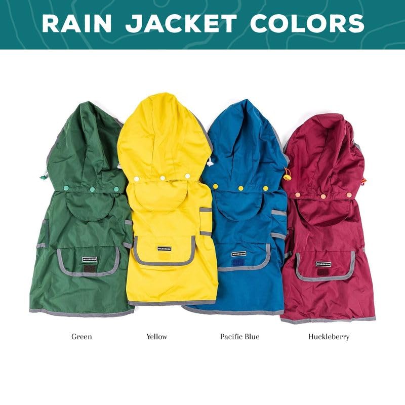 Wilderdog Dog Jacket Waterproof Raincoat with Breathable Interior, Removable Hood, Torso Strap, Secure Closures, Back Pocket and Two Hanging Loops, Foldable into Back Pocket Medium Huckleberry - PawsPlanet Australia