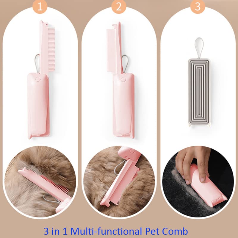 Cat Brush Dog Brush Foldale All-in-One Pet Brush Cat and Dog Grooming Brush Comb Deshedding Tool with Pet Hair Remover Roller for Dogs Cats Pet Pink - PawsPlanet Australia