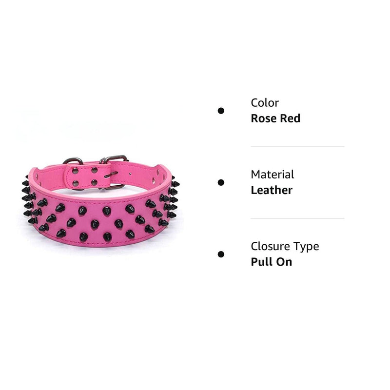 Dogs Kingdom Leather Black Spiked Studded Dog Collar 2" Wide, 31 Spikes 52 Studdeds Pit Bull, Boxer Collar Rose Red Xs - PawsPlanet Australia
