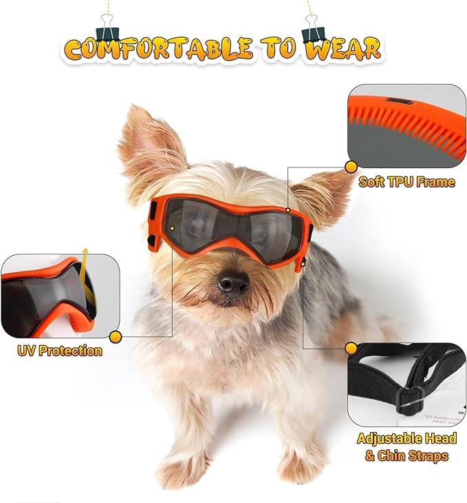 Dog Goggles Small Breed, Dog Sunglasses Small Breed Dog Eye Sun Light Protection, UV Protection Goggles for Dog with Adjustable Straps, Small Orange