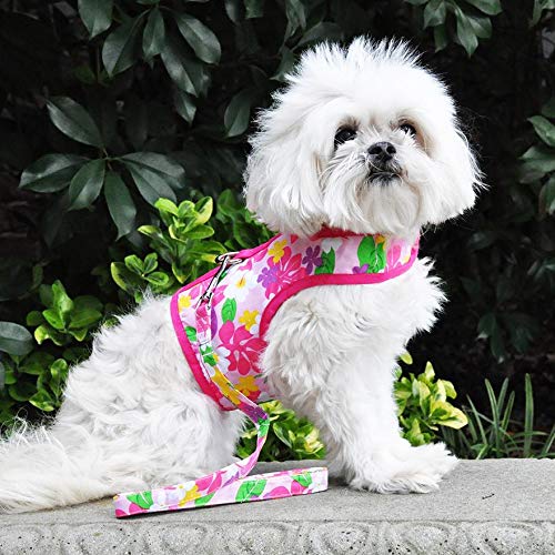 DOGGIE DESIGN Fabric Dog Harness with Leash Pink Hawaiian Floral (X-Small) - PawsPlanet Australia