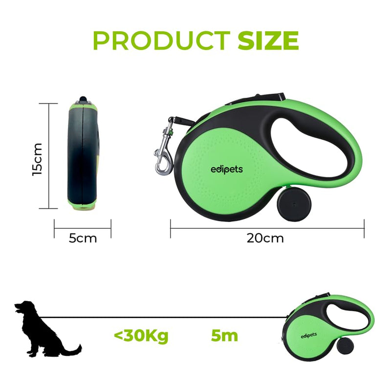 Edipets, Retractable Dog Leash, 5 Meters, Includes Bag Dispenser, Flexible Tape for Training and Walking, for Small, Medium and Large Dogs (Green, 5 Meters) Green/Grey 8 metres