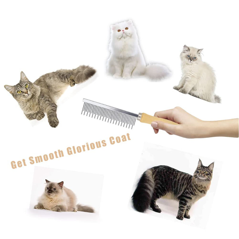 Dog Cat Grooming Comb with Wooden Handle Stainless Steel Teeth, Pet Grooming Supplies Accessories for Hairy Pets (Dual Teeth) Dual Teeth