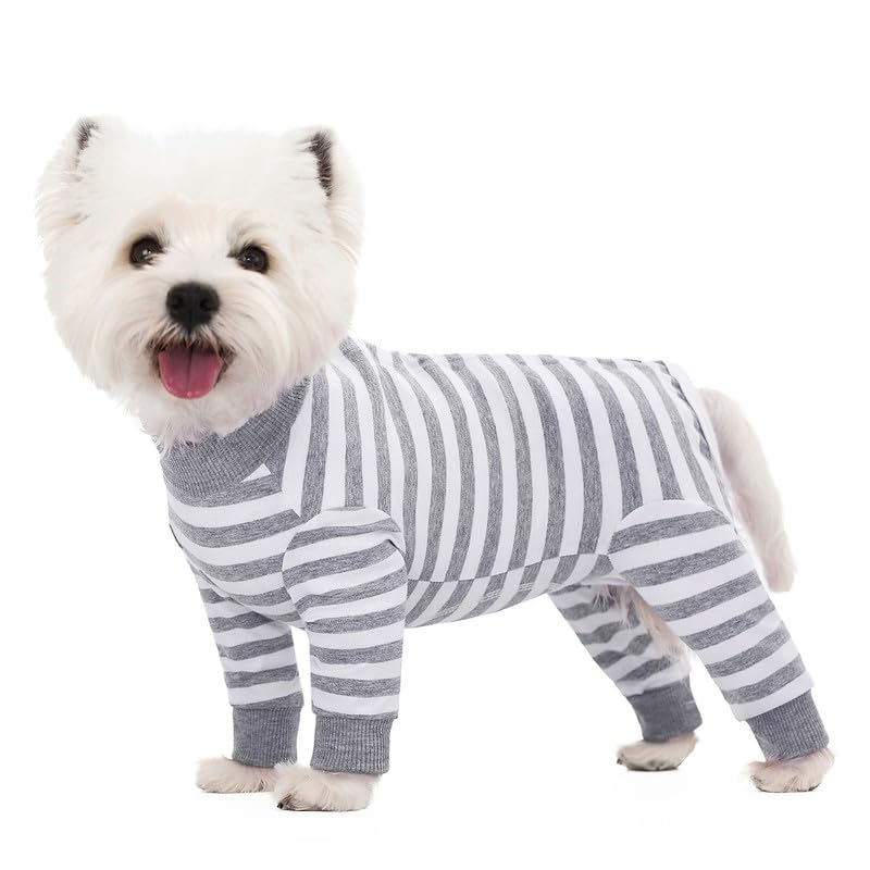 Dog Striped Recovery Suit, Puppy After Surgery Onesie for Female Male Dogs, Dogs Cats Long Sleeve Pajamas Bodysuit, Surgery Abdominal Wound Bandages Clothes, Dog Pant for Shedding Skin Disease Grey Large