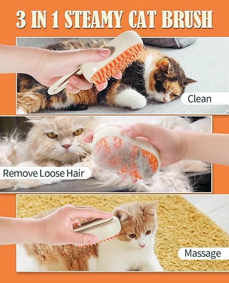 Cat Steam Brush for Shedding - 3 in 1 Steam Cat Brushes for Grooming and Massage - Adjustable Pet Brush with Steam for Dogs, Removing Tangled and Loose Hair (Beige) Beige - PawsPlanet Australia