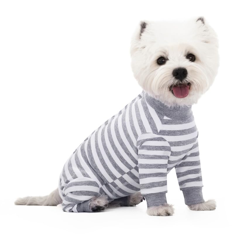 Dog Striped Recovery Suit, Puppy After Surgery Onesie for Female Male Dogs, Dogs Cats Long Sleeve Pajamas Bodysuit, Surgery Abdominal Wound Bandages Clothes, Dog Pant for Shedding Skin Disease Grey Large
