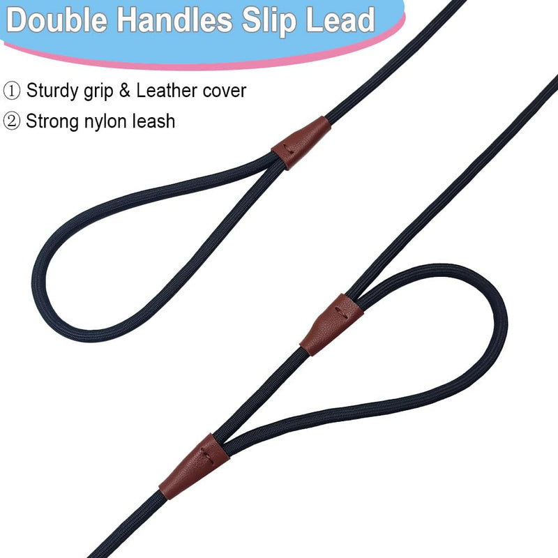 Double Handle Slip Lead 8FT Dog Leash, 1/4" Nylon Rope Training Lead, Traffic Handle No-Pull Control Leash for Small Medium Pet Puppies Walking（8FT*1/4", Black） 8FT * 1/4" - PawsPlanet Australia